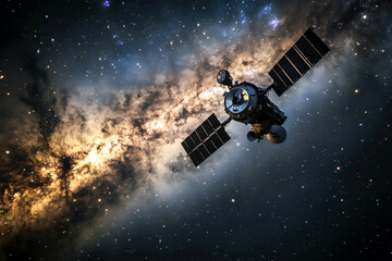 High-resolution view of a satellite orbiting Earth against a backdrop of stars and galaxies.