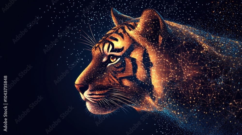Poster abstract image of tiger in the form of a starry sky or space, consisting of points, lines, and shape
