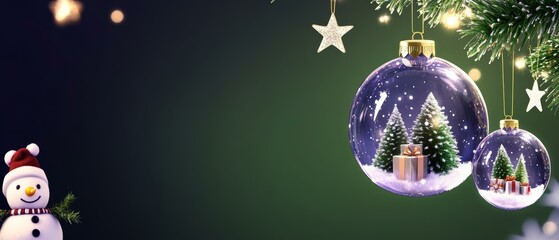 Festive Christmas scene with snow-covered tree, snowman, and snow globe