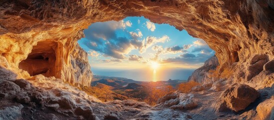 View from a cave of a stunning sunset over a mountain range.