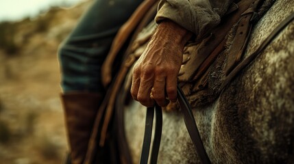 A close-up of a rider's hands gently holding the reins of a majestic horse