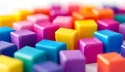 Obraz premium Close-up of colorful toybricks on a white background, using a focus stacking technique. This is a stock photo, with high-resolution,