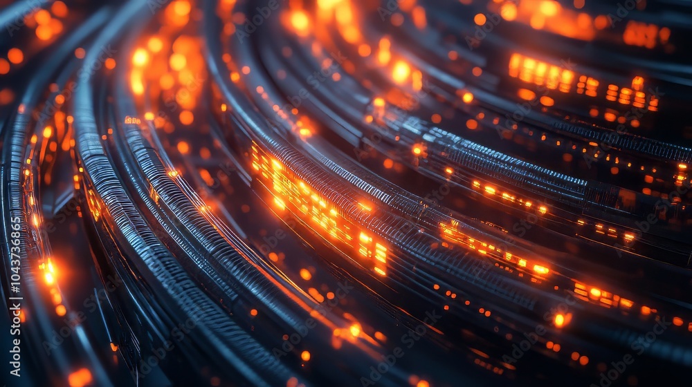 Poster web banner of glowing data cables transferring information inside computer server. big data. ultra r
