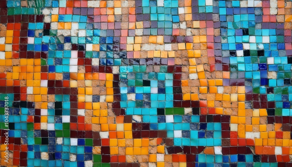 Poster Intricate Curved Mosaic Tile Pattern in Vibrant Multicolored Design, Featuring Geometric Shapes and Dynamic Flow, Perfect for Artistic Interiors, Wall Murals, or Creative Decorative Projects