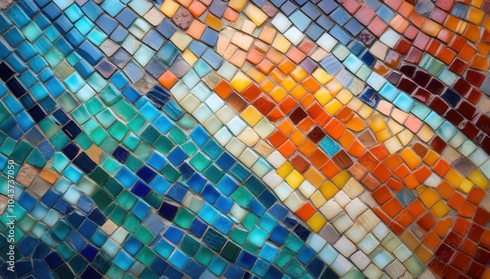 Aufkleber Intricate Curved Mosaic Tile Pattern in Vibrant Multicolored Design, Featuring Geometric Shapes and Dynamic Flow, Perfect for Artistic Interiors, Wall Murals, or Creative Decorative Projects