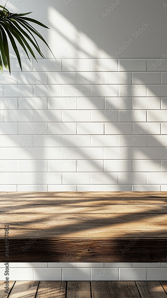 Poster sunlight casts intricate shadows on a pristine white brick wall, creating a captivating interplay of