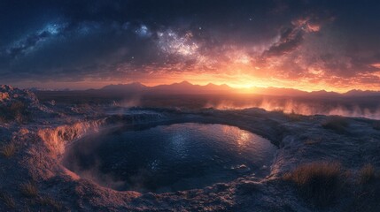 Fototapeta premium A stunning panorama of a natural hot spring at sunset, with a starry sky overhead, mountains in the background and steam rising from the water.