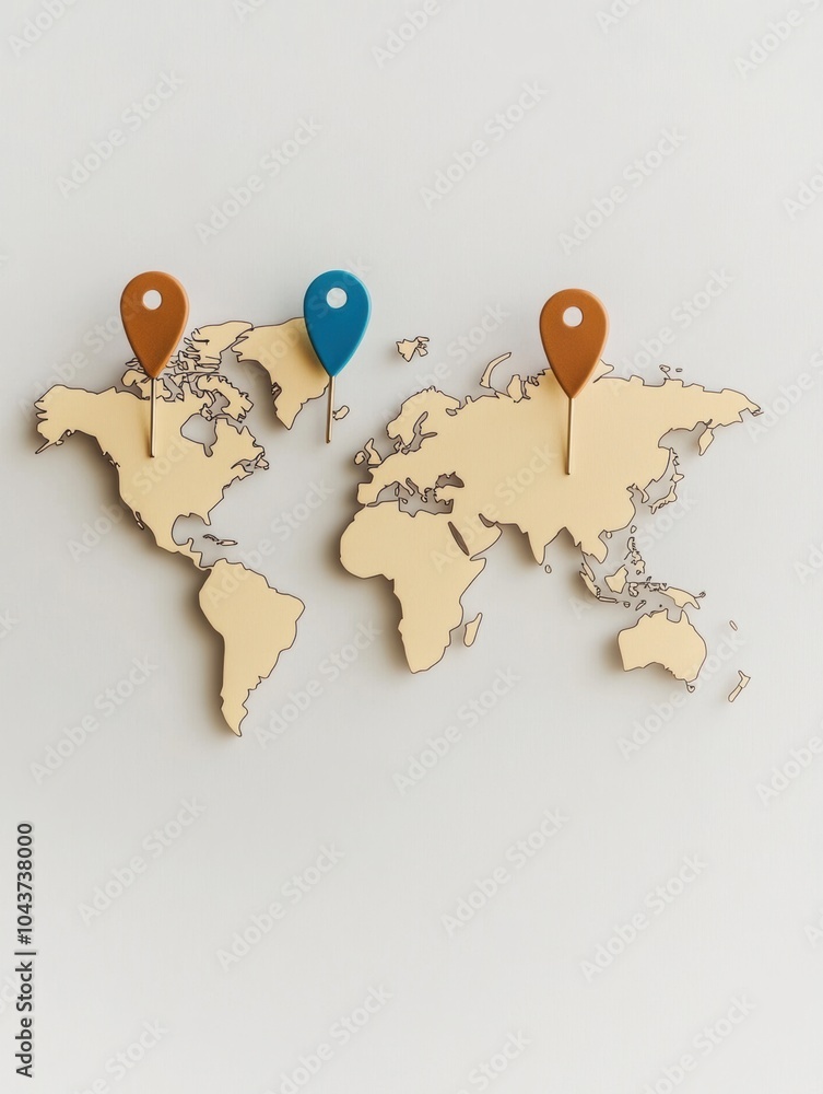 Poster the world map outline features colorful pins marking significant travel destinations for globetrotte