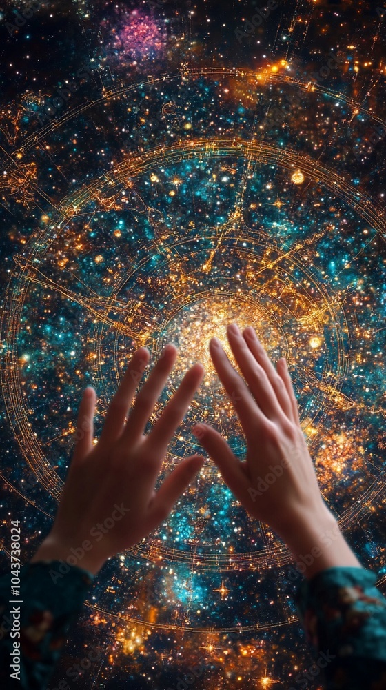 Poster hands reaching towards a mesmerizing cosmic map, blending human touch with the vastness of the unive