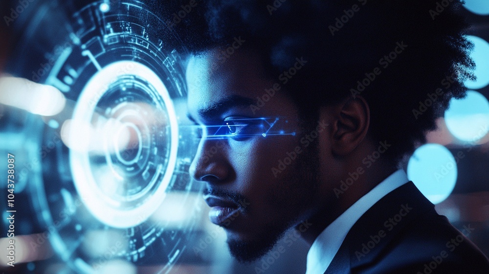 Poster futuristic technology concept: man in suit interacts with holographic interface, showcasing advanced