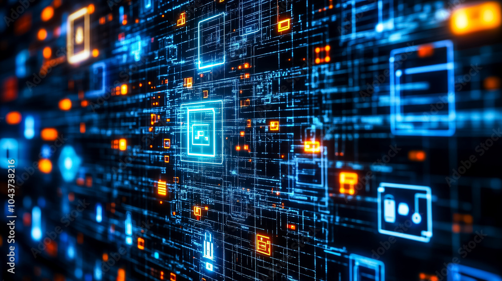 Poster dynamic representation of digital data flowing between devices, highlighting complex patterns and en