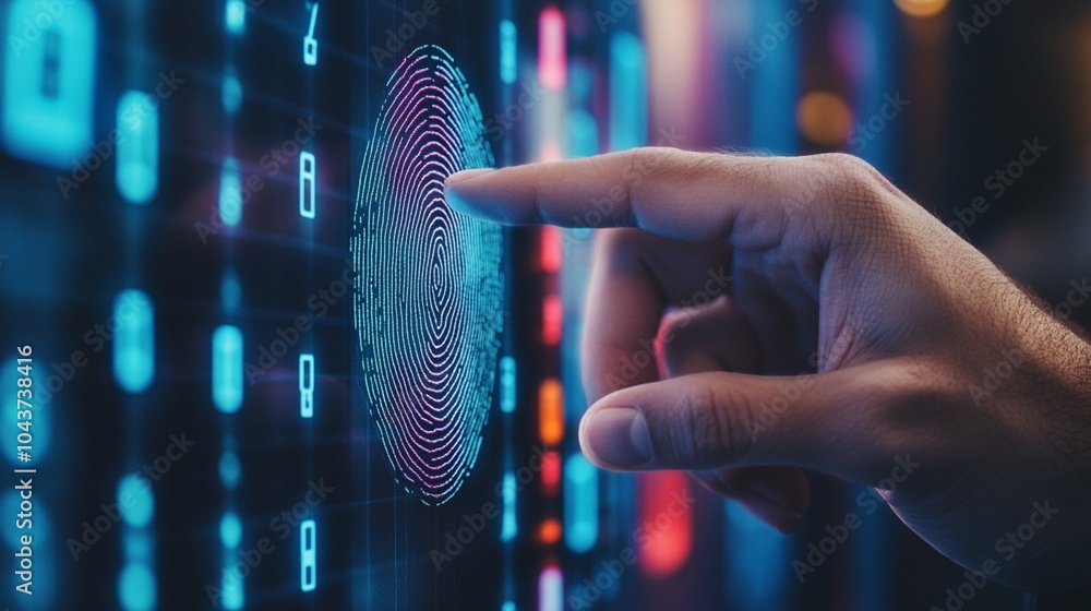 Poster finger touching digital fingerprint scan on futuristic interface with glowing numbers, symbolizing b