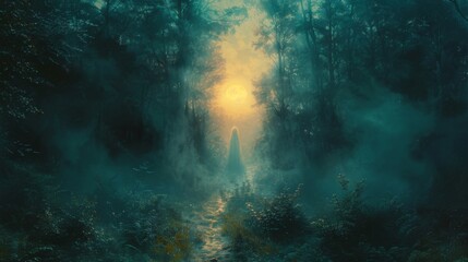 Obraz premium A ghostly apparition glides through a moonlit forest its faint outline disappearing into the shadows.