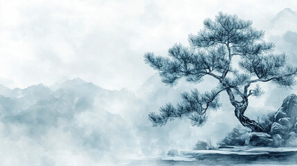 Ink wash style, high mountain pine tree, traditional Chinese painting