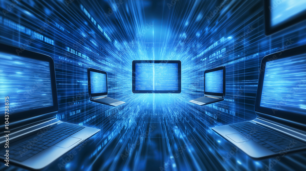 Poster multiple devices connect and exchange data in a vibrant, abstract digital environment