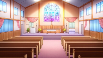 A peaceful anime church interior featuring colorful stained glass windows, wooden pews, and a warm retro vibe, with sunlight streaming in.