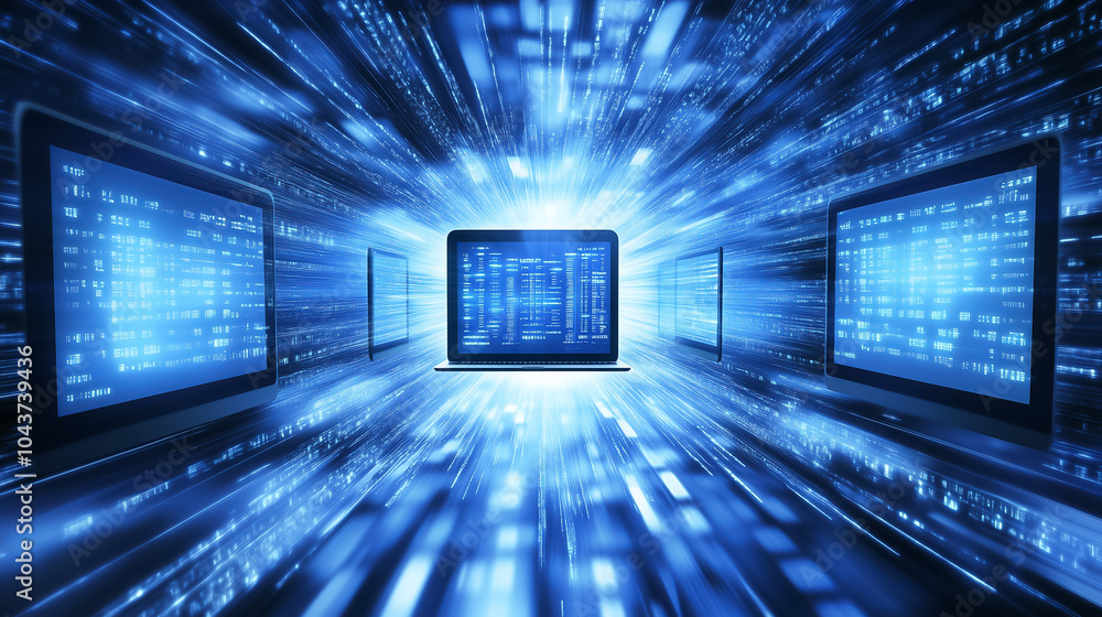 Poster dynamic depiction of devices exchanging data within a vibrant digital environment showcasing connect