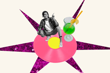 Composite photo collage of happy american guy listen music headphones weekend party alcohol glass...