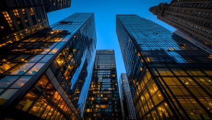 Fototapeta premium Photograph of skyscrapers at blue hour, low-angle view, cityscape, nighttime, cinematic, architectural photography, reflections on windows,