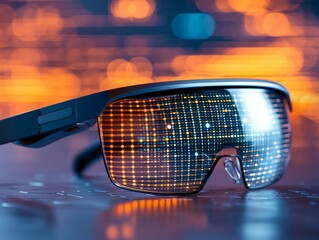 Futuristic Reflective Glasses Closeup with Glowing Lights on Urban Night Background - Technological Innovation Concept
