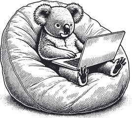 koala sits in bean bag chair freelancer with laptop style engraving vector © Dmytro