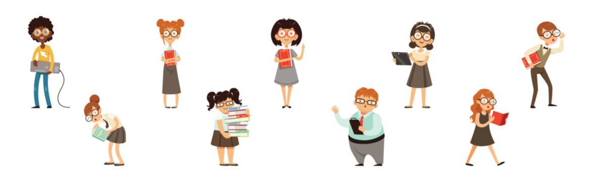 Smart Kid Nerd with Book in Glasses Vector Set