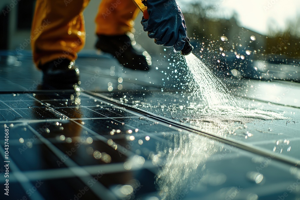 Wall mural worker cleaning solar panels to ensure optimal efficiency and energy production.