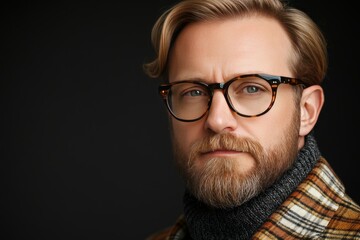 Obraz premium Bearded man with eyeglasses and checkered scarf standing against dark backdrop evoking a sense of sophistication and warmth through classic winter style and thoughtful expression