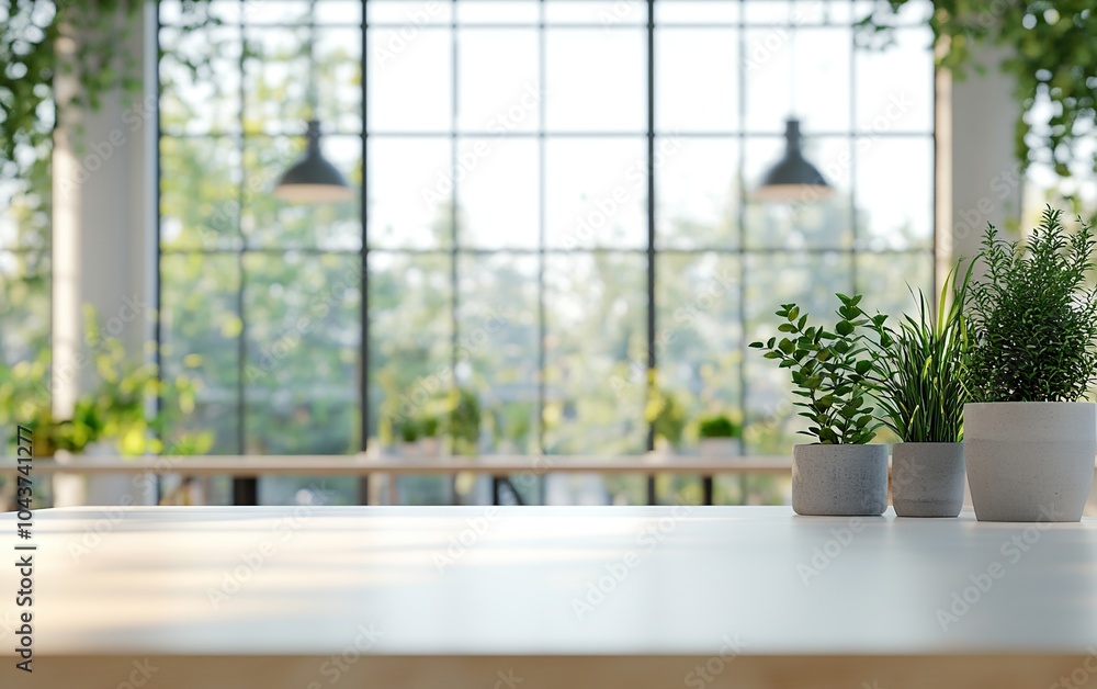 Poster white table with potted plants in front of a large window with a blurred background.