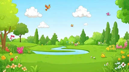 Obraz premium A small river in anime style, curving through a bright, colorful forest with playful birds flying overhead and flowers blooming along the banks.