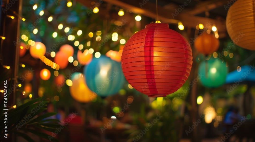 Poster colorful lanterns and string lights add to the festive atmosphere creating a whimsical setting for a