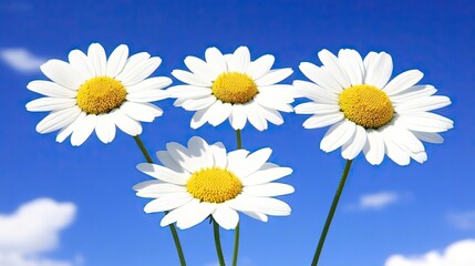 A stunning natural landscape with a vibrant field of wildflowers, including daisies, under a bright blue sky, with soft focus highlighting the blooms.