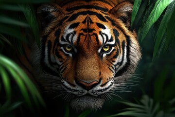 Fototapeta premium Close-up of a majestic tiger lurking in dense green foliage.