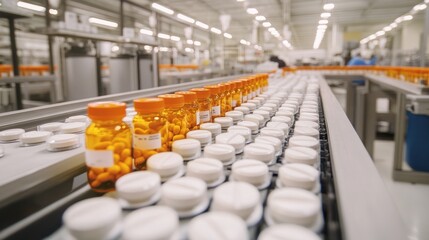 Fototapeta premium A pharmaceutical production line with bottles of medication on a conveyor belt.