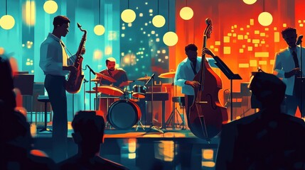 Fototapeta premium A jazz band performs on stage in front of a crowd at a concert.