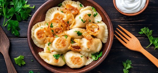 A bowl of pierogi topped with sautéed onions and herbs.