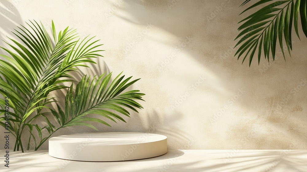 Aufkleber minimalist product display podium with tropical palm leaves casting shadows on textured wall, creati