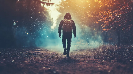 Fototapeta premium Person walking in nature under a starry sky, with the silhouette of trees around and a path illuminated by the light of the stars