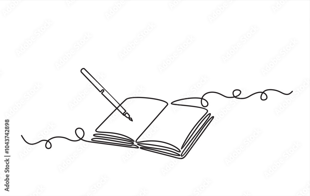 Aufkleber continuous one line book with pen drawing outline vector illustration and world book day concept des