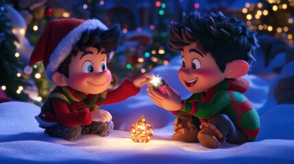 Two children are playing with a small Christmas ornament