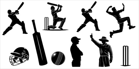 Cricket vector silhouette collection featuring batsman, bowler, umpire, cricket equipment like bat, ball, helmet, and stumps, perfect for sports designs.