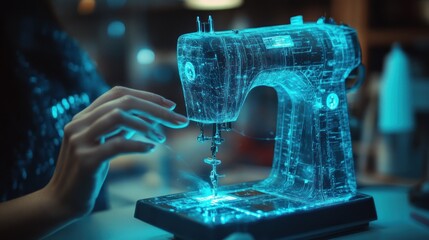A futuristic sewing machine with a glowing, translucent design in a creative workspace.