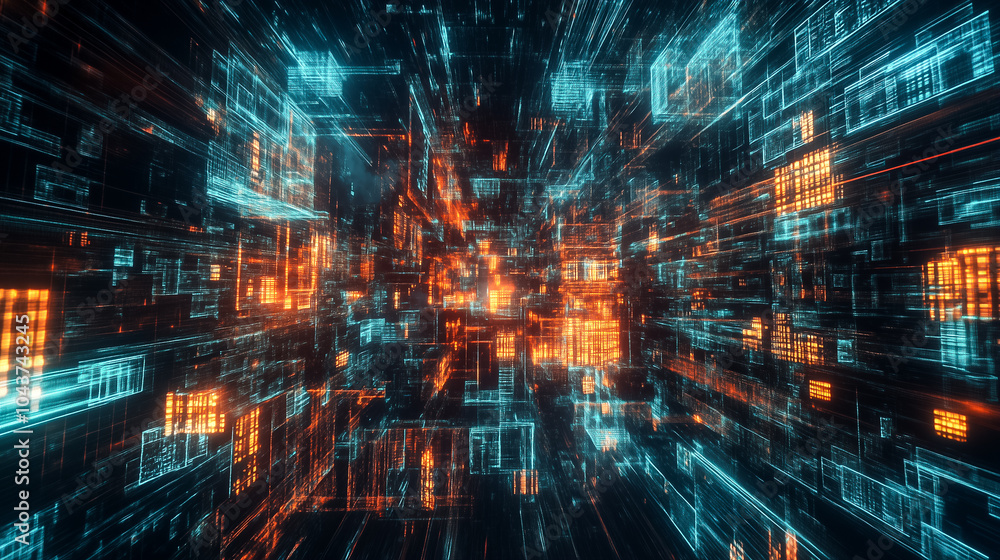 Poster colorful abstract visualization illustrates the intricate exchange of data between digital devices i