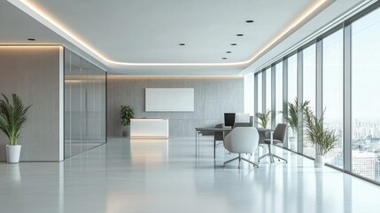 Obraz premium Modern office interior with clean architectural lines, sleek furniture, and a soft color palette. The design emphasizes simplicity and functionality.