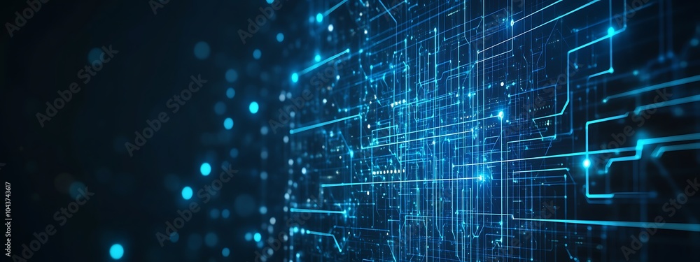 Poster Abstract blue glowing circuit board design with bokeh background.