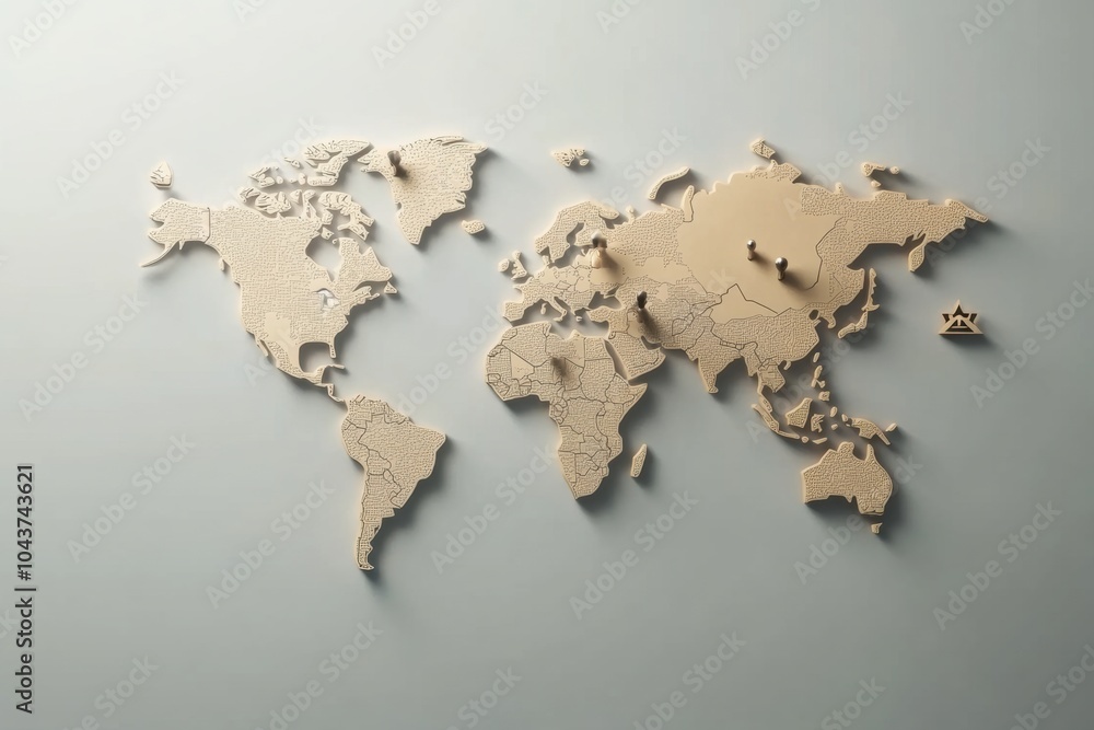 Poster a world map outline showcases important travel locations marked with pins, perfect for planning adve
