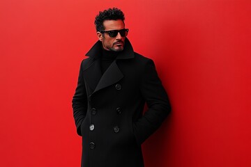 Obraz premium Man in black wool overcoat and sunglasses standing confidently against vibrant red wall capturing sleek urban style with bold color contrast and a modern minimalist aesthetic