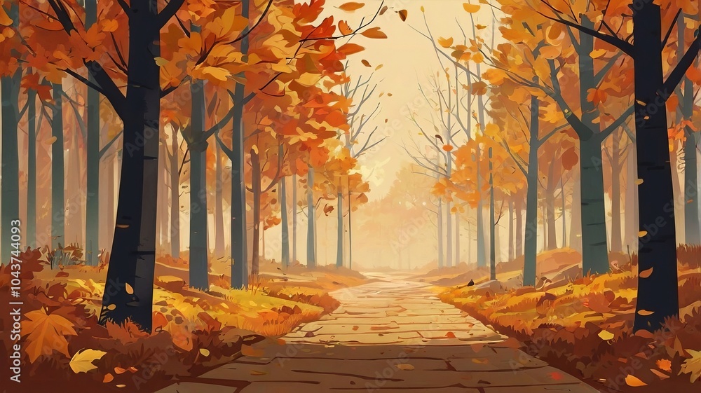 Wall mural flat design illustration of a natural autumn landscape, featuring colorful trees and falling leaves.