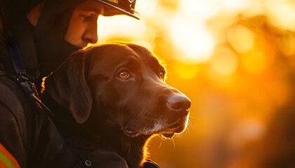 A close-up photograph of a firefighter and a Labrador dog, with warm sunset lighting, natural colors, high-resolution photography, 