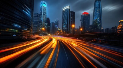Fototapeta premium A dynamic cityscape at night, showcasing illuminated skyscrapers and vibrant traffic trails.